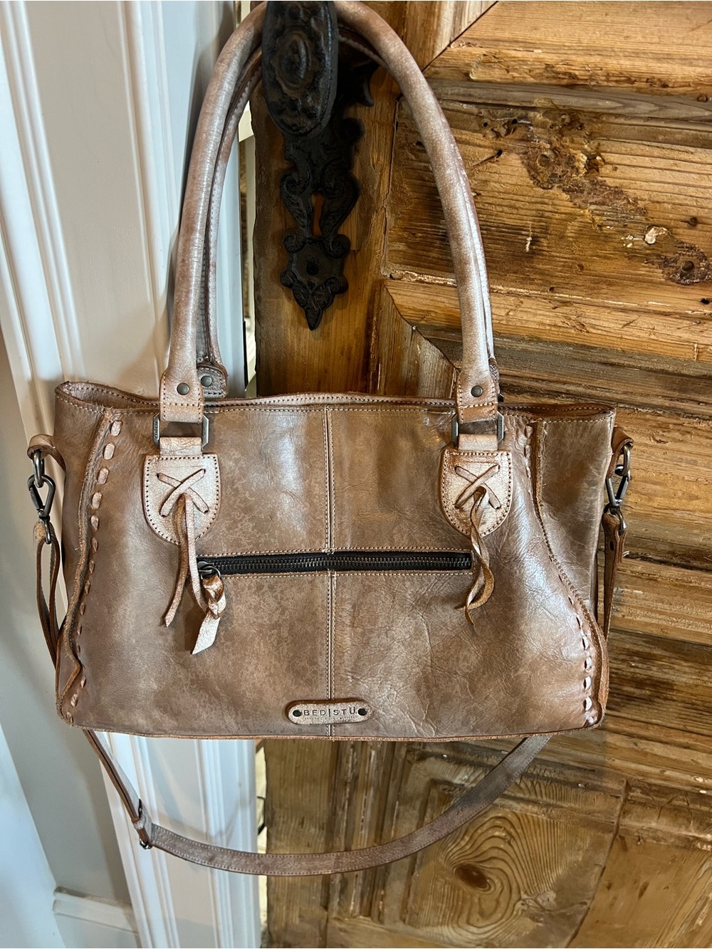 BED|STU Distressed Taupe Leather Shoulder Bag